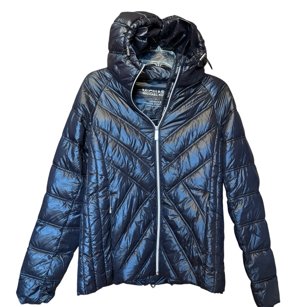 MICHAEL KORS PACKABLE DOWN FILL WOMEN’S SIZE M JACKET WITH HOOD BLACK EXCELLENT